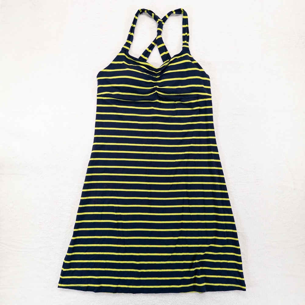 Dakini Sundress Women L Navy Green Striped Racerback Stretch Knit Sporty Casual
